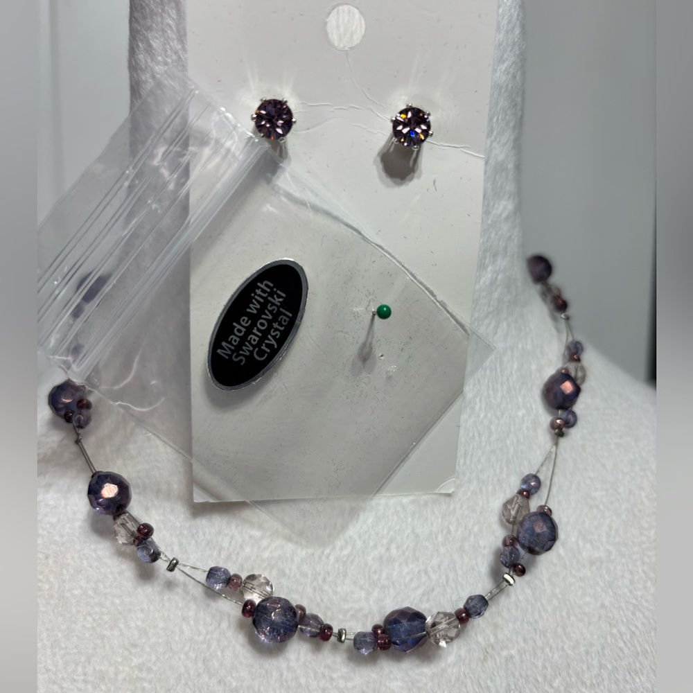 Swarovski purple crystal earrings, light/dark purple bead silver tone necklace